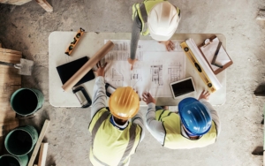 Top view, construction workers or blueprint planning in house, home or office building in real estate, property or architecture innovation